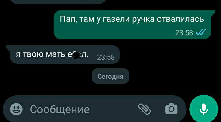 Пап, там у газели ручка отвалилась 23:58 я твою мать 23:58 Сегодня Сообщение о