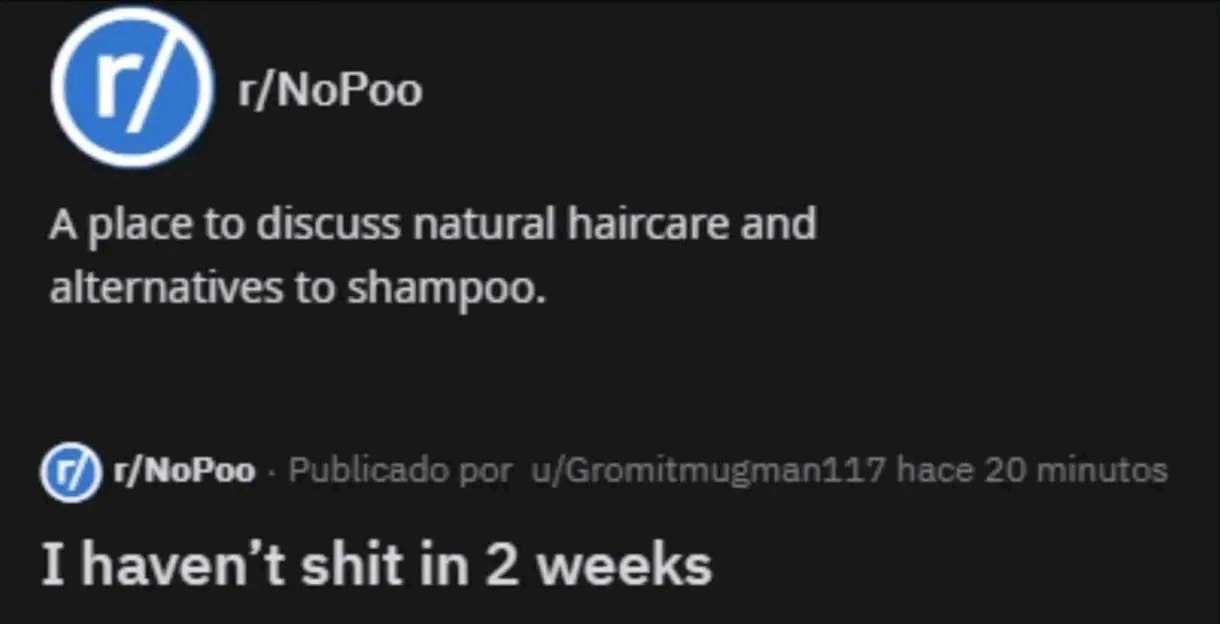 r/NoPoo A place to discuss natural haircare and alternatives to shampoo. г/МоРоо Publicado рог hace 20 minutos I haven't shit 2 weeks