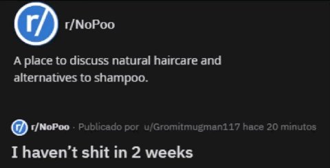 r/NoPoo A place to discuss natural haircare and alternatives to shampoo. г/МоРоо Publicado рог hace 20 minutos I haven't shit 2 weeks