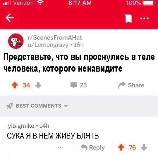 Verizon 8:17 100% eee r/ScenesFromAHat u/Lemongravy Представьте, что вы проснулись в теле человека, которого ненавидите 34 23 Share BEST ylbigmike СУКА Я В НЕМ ЖИВУ БЛЯТЬ Reply 4% 76