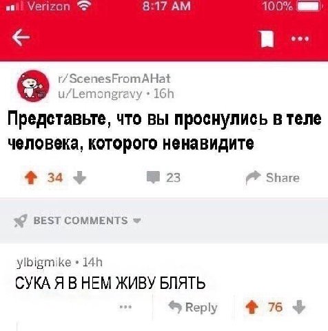 Verizon 8:17 100% eee r/ScenesFromAHat u/Lemongravy Представьте, что вы проснулись в теле человека, которого ненавидите 34 23 Share BEST ylbigmike СУКА Я В НЕМ ЖИВУ БЛЯТЬ Reply 4% 76