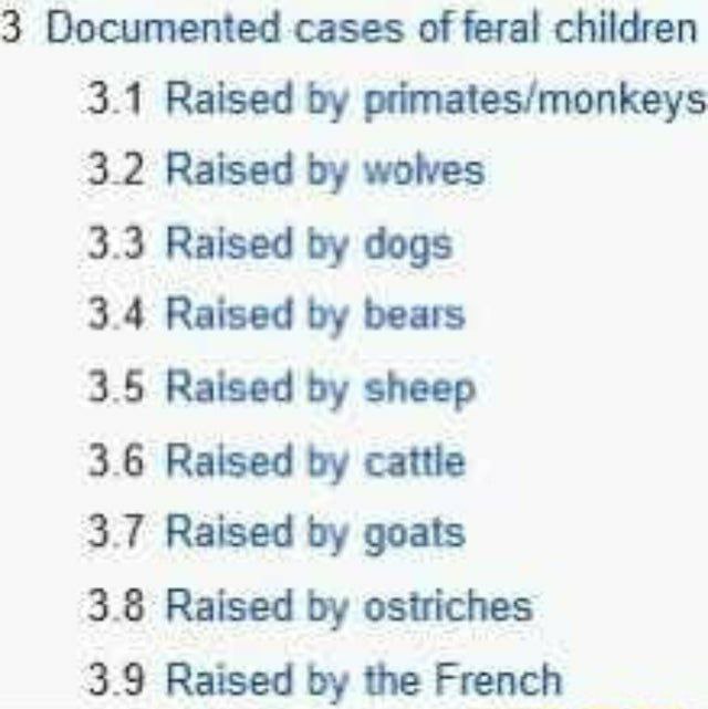 3 Documented cases of feral children 3.1 Raised primates/monkeys 3.2 Raised wolves 3.3 Raised dogs 3.4 Raised bears 3.5 Raised sheep 3.6 Raised cattle 3.7 Raised goats 3.8 Raised ostriches 3.9 Raised 