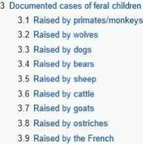 3 Documented cases of feral children 3.1 Raised primates/monkeys 3.2 Raised wolves 3.3 Raised dogs 3.4 Raised bears 3.5 Raised sheep 3.6 Raised cattle 3.7 Raised goats 3.8 Raised ostriches 3.9 Raised 