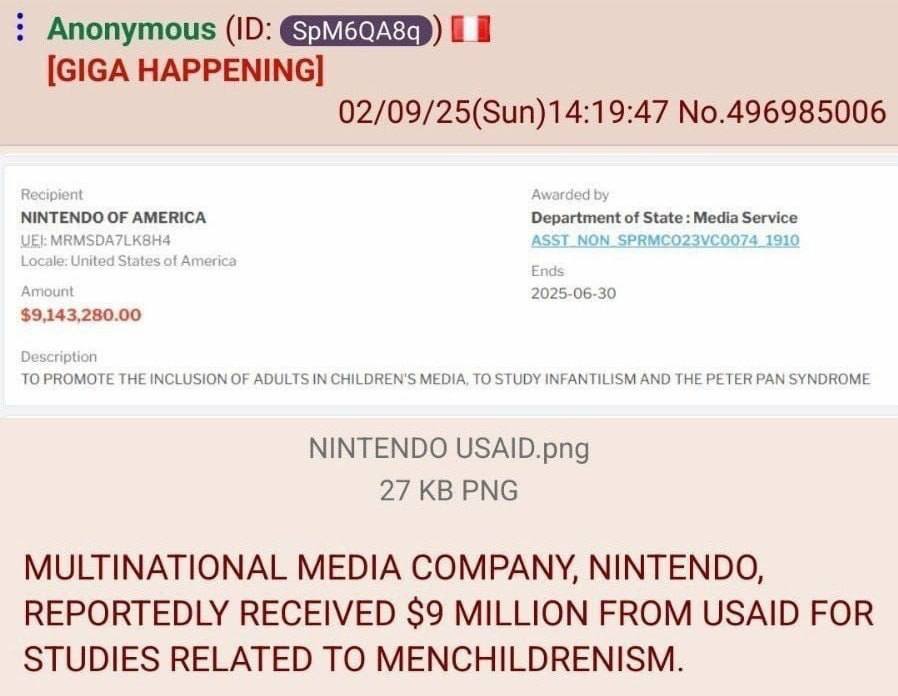 Anonymous 7) [GIGA HAPPENING] 02/09/25(Sun)14:19:47 No.496985006 2025 06-30 THE INCLUSION OF ADULTS IN CHILDREN'S MEDIA, TO STUDY INFANTILISM AND THE PETER PAN SYNDROME NINTENDO USAID.png 27 PNG MULTI