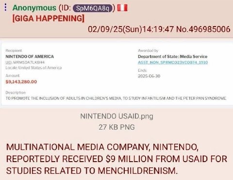 Anonymous 7) [GIGA HAPPENING] 02/09/25(Sun)14:19:47 No.496985006 2025 06-30 THE INCLUSION OF ADULTS IN CHILDREN'S MEDIA, TO STUDY INFANTILISM AND THE PETER PAN SYNDROME NINTENDO USAID.png 27 PNG MULTI