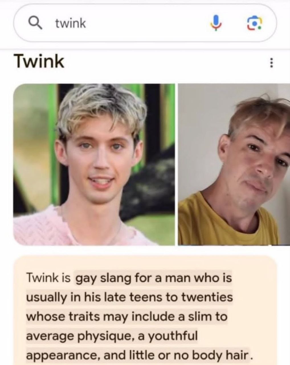О twink Twink 7 a Twink is gay slang for a man who is usually in his late teens to twenties whose traits may include a slim to average physique, a youthful appearance, and little or no body hair.