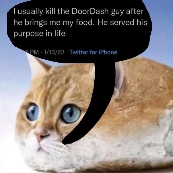 usually kill the DoorDash guy after he brings me my food. He served his purpose in life 1/13/22 Twitter for iPhone