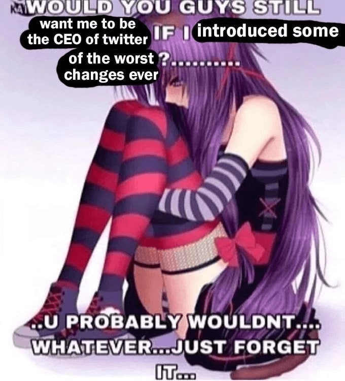 want to be the CEO of twitter of the worst some changes ever a a PROBABL YAWOULDNT... FORGET