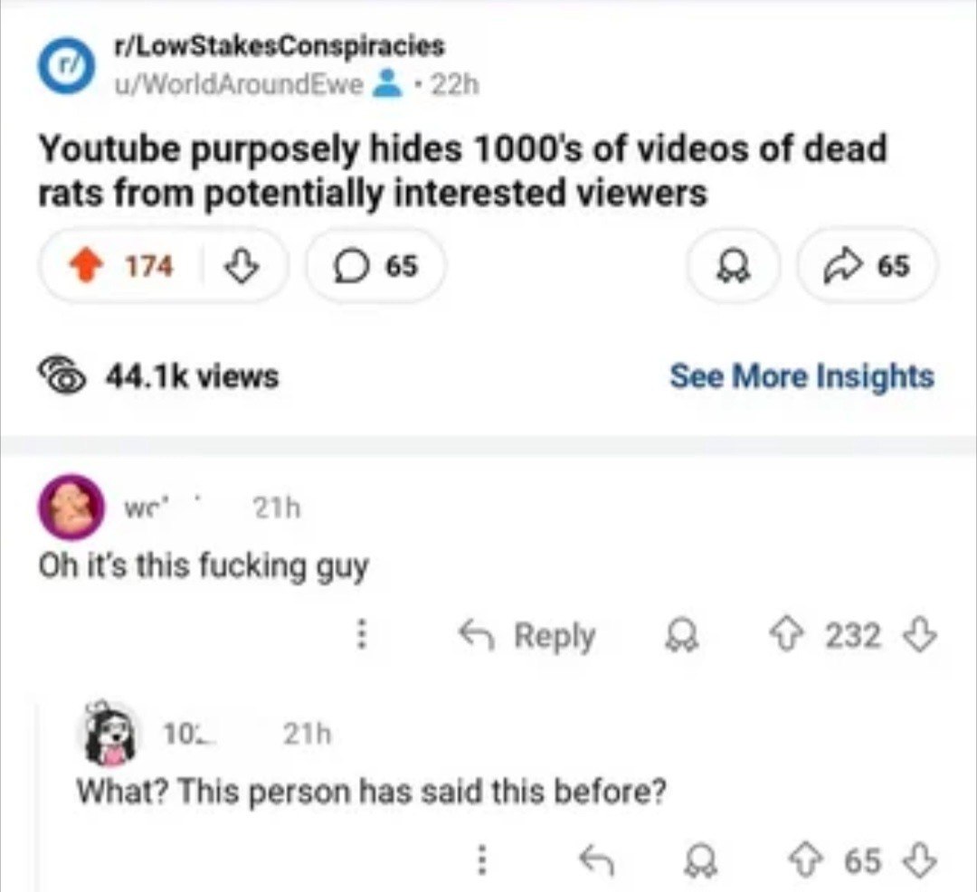 Youtube purposely hides 1000'$ of videos of dead rats from potentially interested viewers #14 views See More Insights we" it’s this fucking guy Яеру 2320 A 10. What? This person has said this before? 