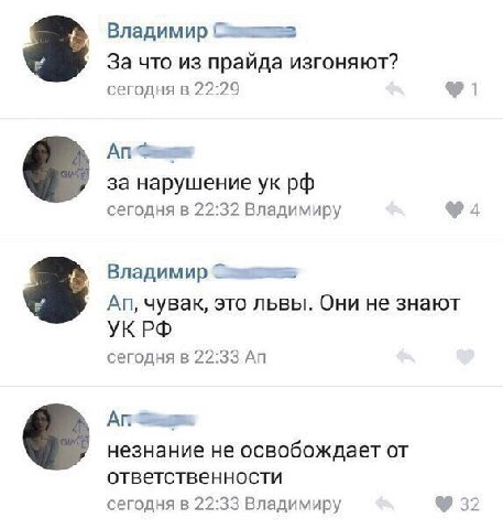Владимир On За что из прайда изгоняют? сегодня в 22:29 за нарушение сегодня в 22:32 Владимиру Владимир 2 чувак, это львы. Они не знают УКРФ сегодня в 22:33 Sas незнание не освобождает от ответственнос