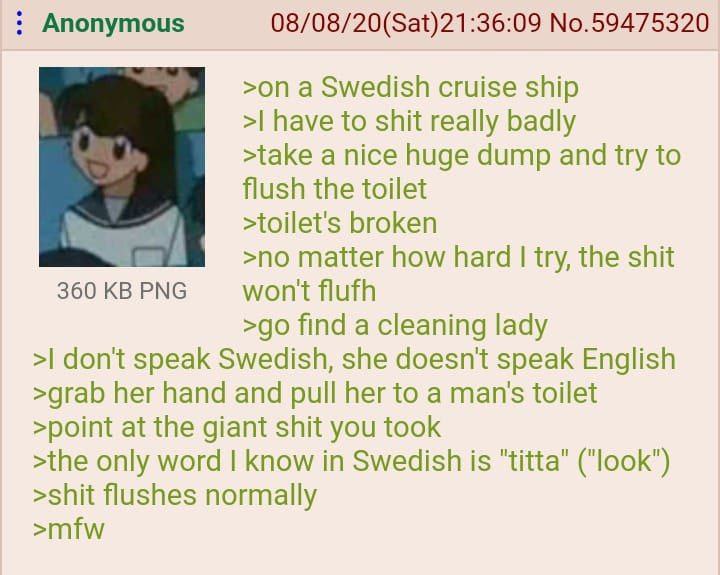 Anonymous 08/08/20(Sat)21:36:09 No.59475320 >on a Swedish cruise ship have to shit really badly >take a nice huge dump and try to flush the toilet >toilet's broken >no matter how hard try, the shit 36