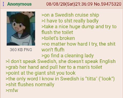 Anonymous 08/08/20(Sat)21:36:09 No.59475320 >on a Swedish cruise ship have to shit really badly >take a nice huge dump and try to flush the toilet >toilet's broken >no matter how hard try, the shit 36