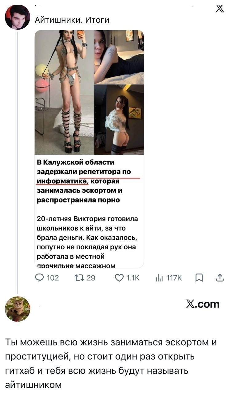 Айтишники. Итоги В Калужской области задержали репетитора по информатике, которая занималась эскортом и распространяла порно 20-летняя Виктория готовила ШКОЛЬНИКОВ К айти, за что брала деньги. Как ока