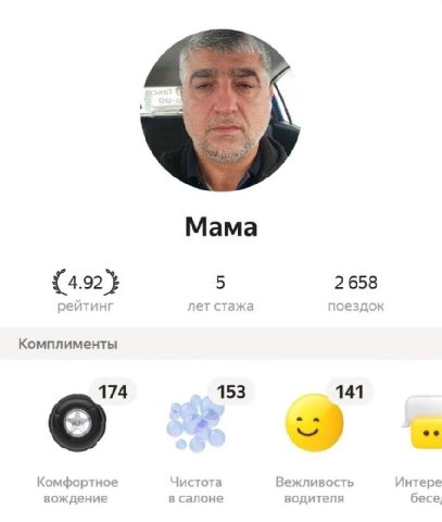 Мама {4.92} 5 2658 рейтинг лет стажа поездок Комплименты 174 153 141 а Чистота Вежливость Интере Комфортное вождение в салоне водителя