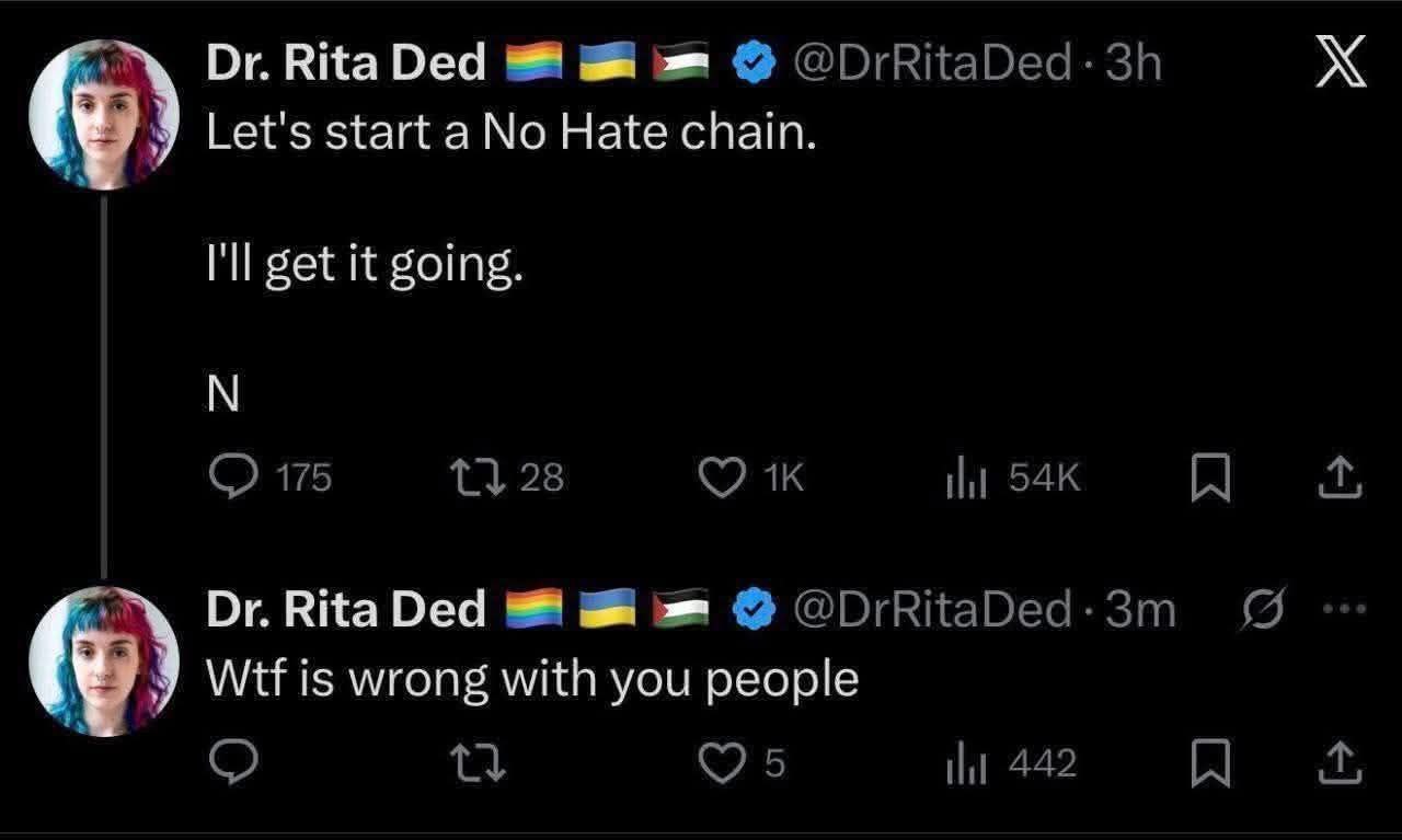 RitaDed 9 Let's start a No Hate chain. get it going. RitaDed is wrong with you people