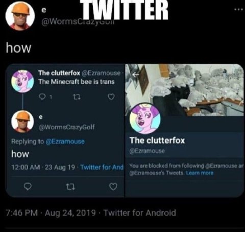 The clutterfox @Ezramouse a A The Minecraft Бее 1$ {гапз @WormsCrazyGolf Replying to @Ezramouse The clutterfox how @Ezramouse 12:00 23 Aug 19: Twitter for And You are blocked from following @Ezramouse