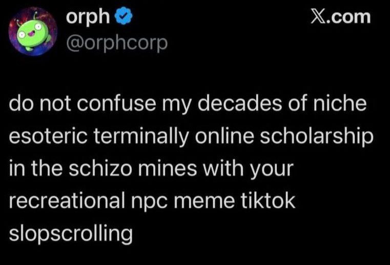 orph Х.сот not confuse my decades of niche esoteric terminally online scholarship in the schizo mines with your recreational noc meme tiktok slopscrolling