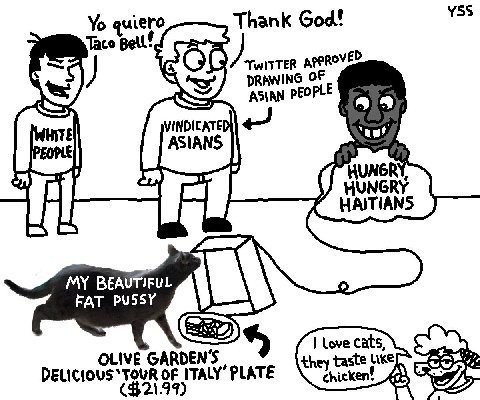 Thank God! \55 Taco APPROVED DRAWING ASIAN РЕОРЕЕ 6) ASIANS UNGRY HAITIANS MY BEAUTIFUL FAT DEN'S Love cats, OLIVE they chicken? taste Like “TOUR OF ITALY’ PLATE