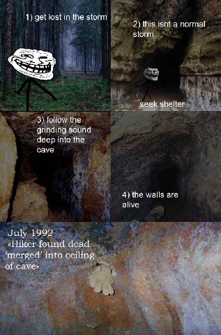 1) get lost in the storm 2) this isnt a normal storm seek shelter 3) follow the grinding sound deep into the cave 4) the walls are alive July 1992 «Hiker found dead ‘merged’ into ceiling of cave»