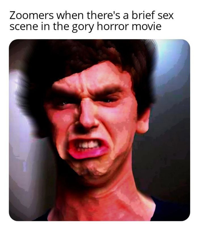 Zoomers when there's a brief sex scene in the gory horror movie