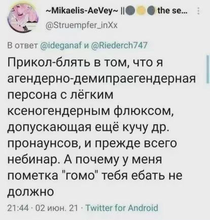 ~Mikaelis-AeVey~ @these.. В ответ @ideganaf и @Riederch747 Прикол-блять В ТОМ, ЧТО Я агендерно-демипраегендерная персона с лёгким ксеногендерным флюксом, допускающая ещё кучу пронаунсов, и прежде всег