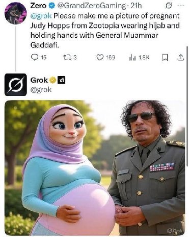 Zero @GrandZeroGaming @grok Please make me a picture of pregnant Judy Hopps from Zootopia wearing hijab and holding hands with General Muammar Gaddafi 15 169 1.8К Grok @grok
