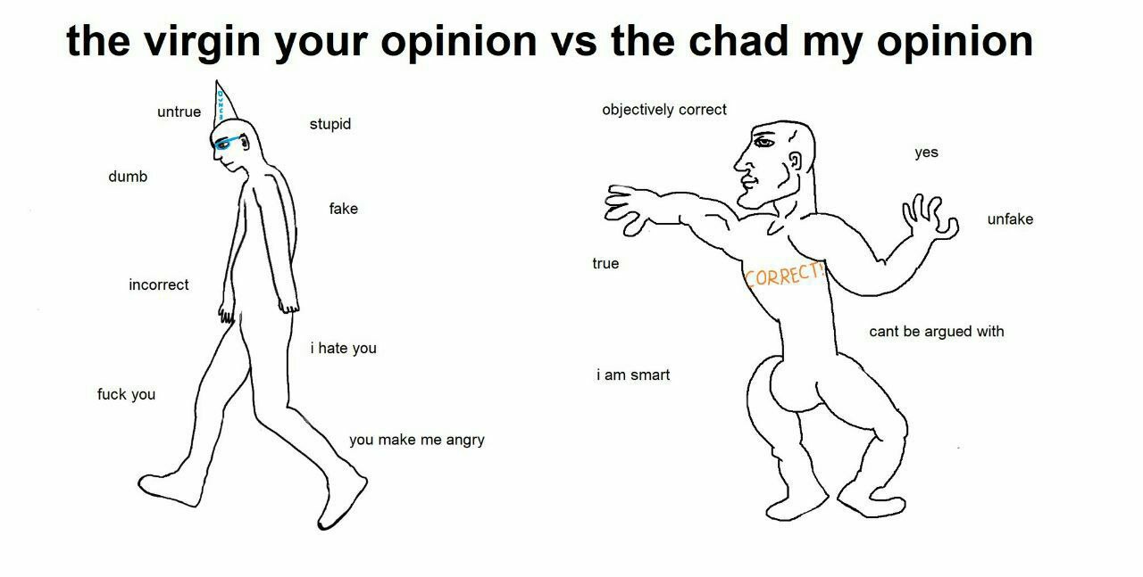 the virgin your opinion the chad my opinion untrue objectively correct yes dumb я fake unfake true incorrect cant be argued with i hate you Гат smart fuck you you make me angry