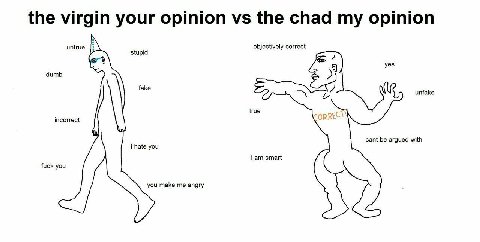 the virgin your opinion the chad my opinion untrue objectively correct yes dumb я fake unfake true incorrect cant be argued with i hate you Гат smart fuck you you make me angry