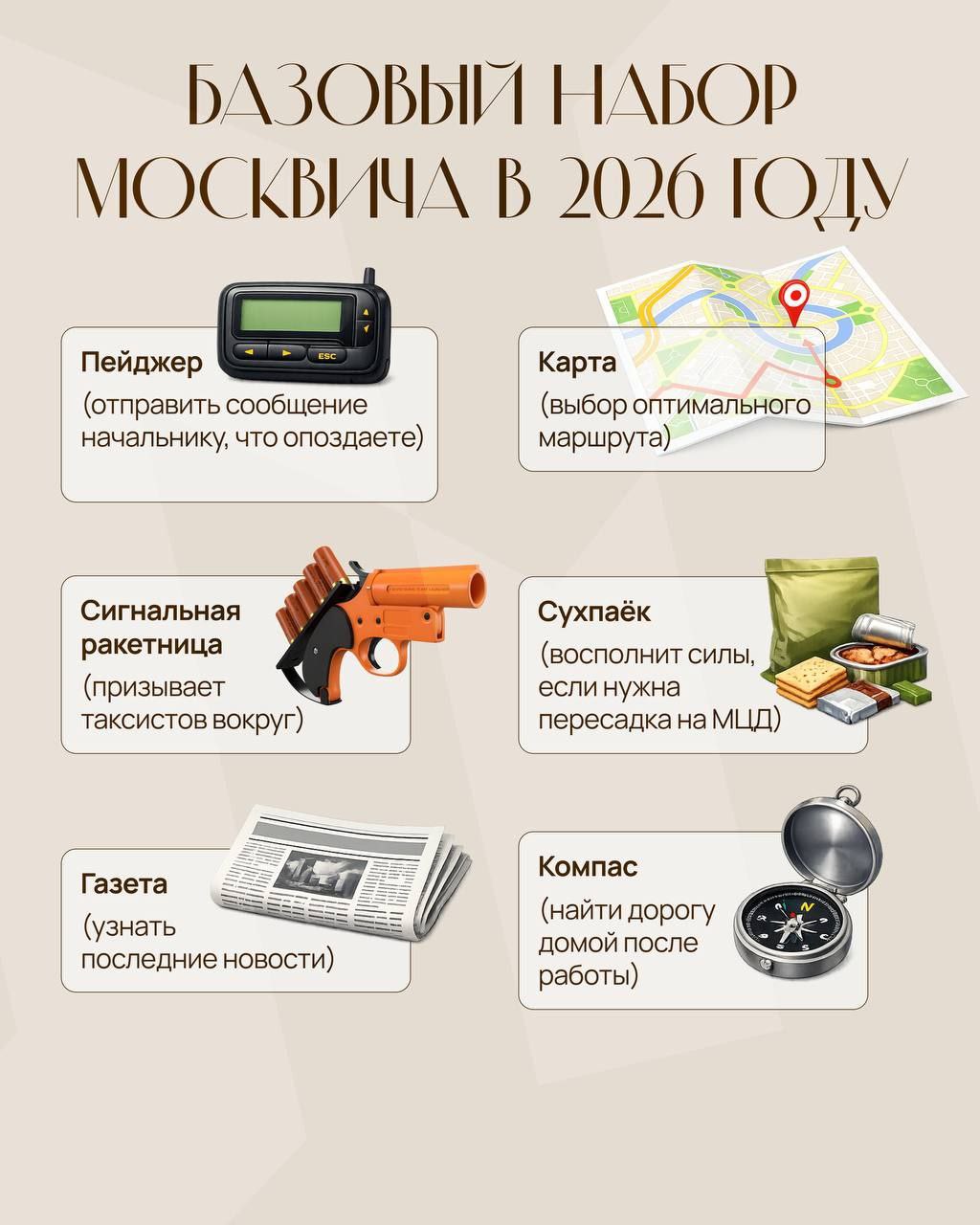 БАЗОВЫЙ НАБОР МОСКВИЧА 2020 Пейджер Карта (отправить сообщение (выбор оптимального начальнику, что опоздаете) маршрута) Сигнальная Сухпаёк ракетница (восполнит силы, (призывает таксистов вокруг) перес