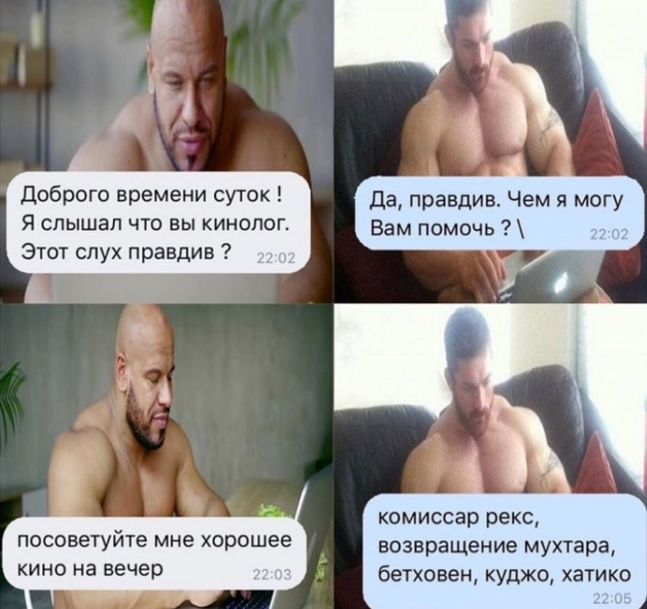 4 4 Доброго времени суток Да, правдив. Чем я могу Я слышал что вы кинолог. Вам помочь Этот слух правдив комиссар рекс, посоветуите мне хорошее возвращение мухтара, кино на вечер 22:03 бетховен, куджо,