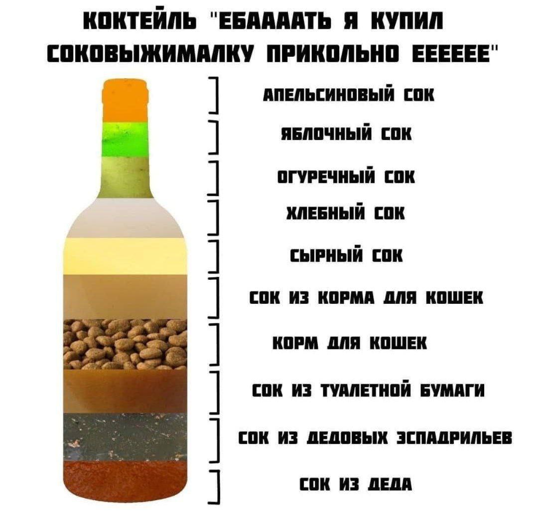 КОКТЕЙЛЬ "ЕБААААТЬ Я КУПИЛ СОКОВЫЖИМАЛКУ ПРИКОЛЬНО EEEEEE" АПЕЛЬСИНОВЫЙ СОК ЯБЛОЧНЫЙ СОК ОГУРЕЧНЫЙ СОК СОК СЫРНЫЙ СОК СОК ИЗ КОРМА ДЛЯ КОШЕК Be KOPM ДЛЯ КОШЕК СОК ИЗ ТУАЛЕТНОЙ БУМАГИ СОК ИЗ ДЕДОВЫХ ЗС