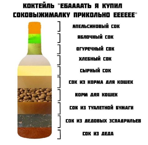 КОКТЕЙЛЬ "ЕБААААТЬ Я КУПИЛ СОКОВЫЖИМАЛКУ ПРИКОЛЬНО EEEEEE" АПЕЛЬСИНОВЫЙ СОК ЯБЛОЧНЫЙ СОК ОГУРЕЧНЫЙ СОК СОК СЫРНЫЙ СОК СОК ИЗ КОРМА ДЛЯ КОШЕК Be KOPM ДЛЯ КОШЕК СОК ИЗ ТУАЛЕТНОЙ БУМАГИ СОК ИЗ ДЕДОВЫХ ЗС