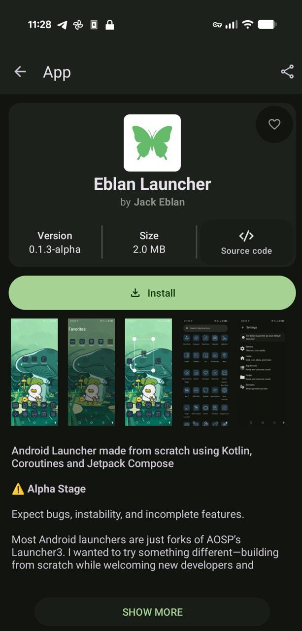11:28 Арр Eblan Launcher Jack Eblan Version Size 0.1.3-alpha 2.0 Source code К 7 А сло Android Launcher made from scratch using Kotlin, Coroutines and Jetpack Compose A Alpha Stage Expect bugs, instab