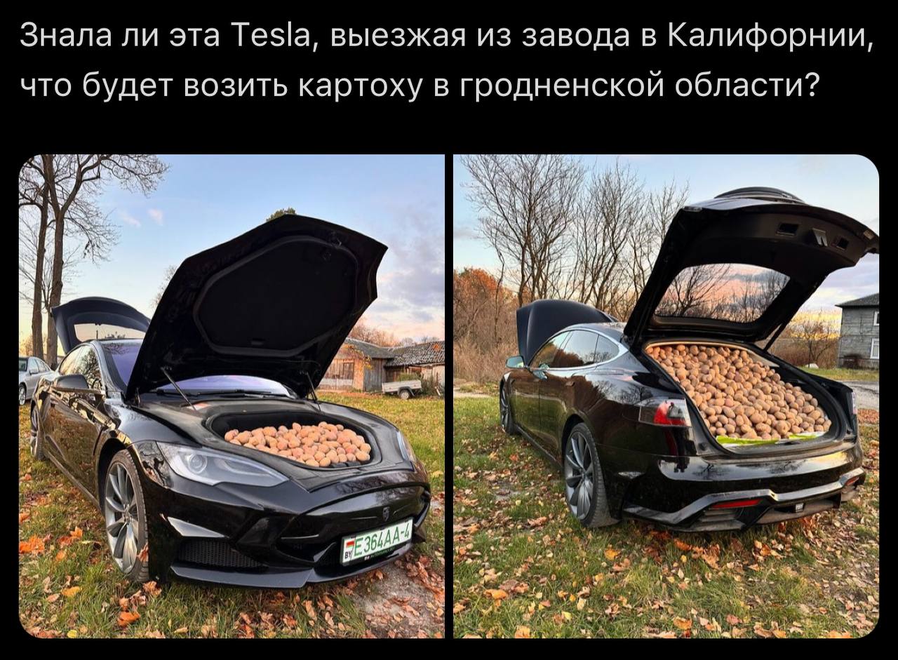 Знала ли эта Tesla, выезжая из завода в Калифорнии, что будет возить картоху в гродненской области? у A. и