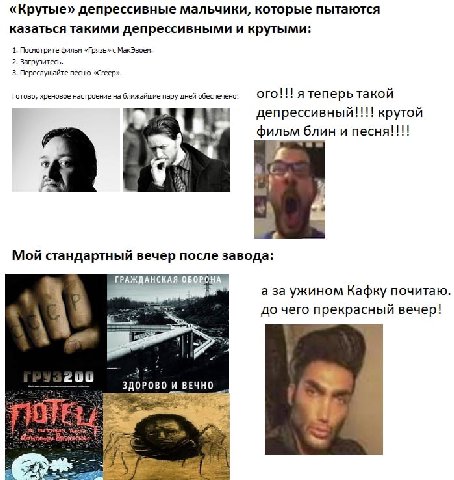«Крутые» депрессивные мальчики, которые пытаются казаться такими депрессивными и крутыми: 1. Посмотрите фильм «Грязь» с МакЭвоем. 2. Загрузитесь. 3. Переслушайте песню «Creep», Готово, хреновое настро