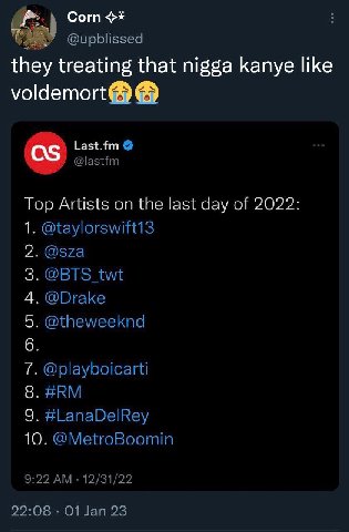 Corn @upblissed they treating that nigga kanye like voldemort® Last.fm @lastfm Top Artists on the last day of 2022 1. @taylorswift13 @sza @BTS twt @Drake @theweeknd @playboicarti #LanaDelRey 10. @Metr