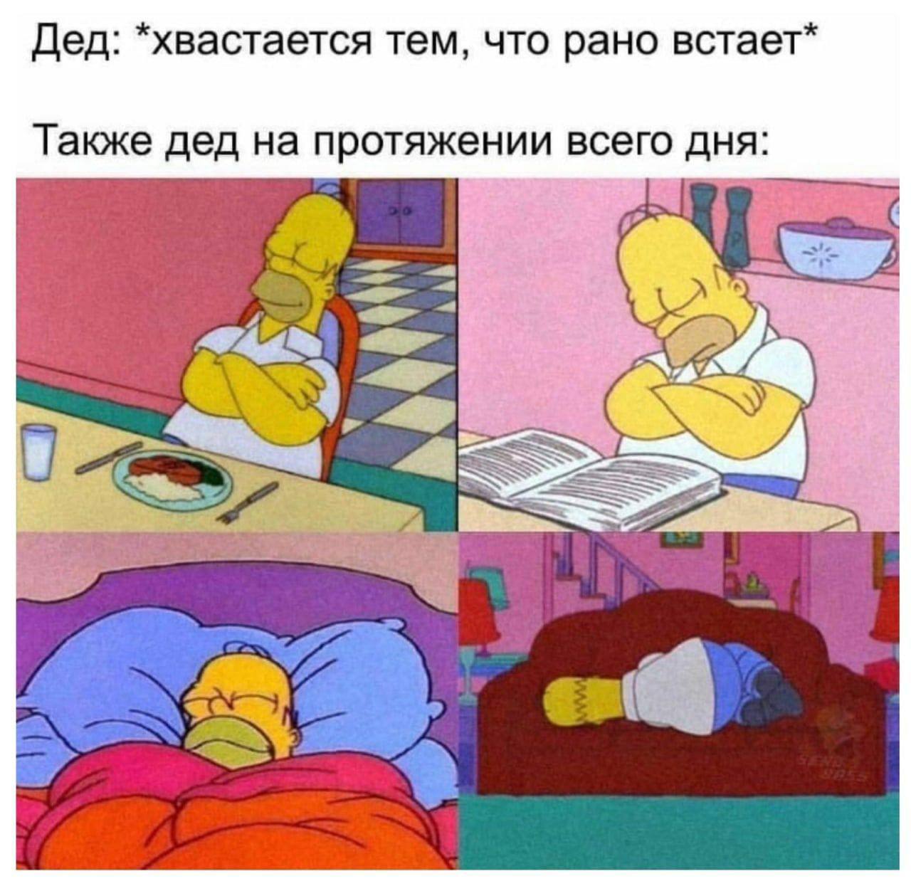 Дед: *хвастается тем, что рано встает* Также дед на протяжении всего дня: i