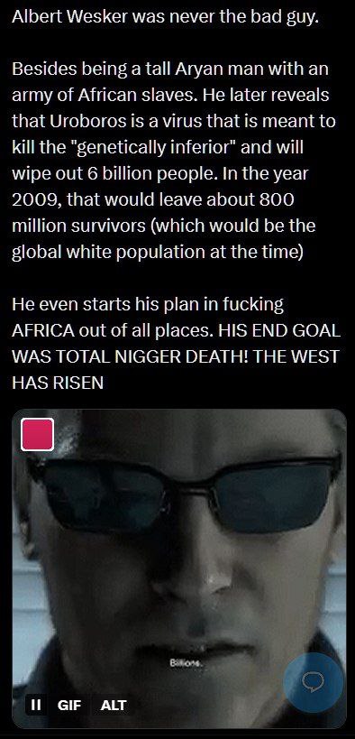 Albert Wesker was never the bad Besides being a tall Aryan man with an army of African slaves. He later reveals that Uroboros is a virus that is meant to kill the “genetically inferior” and will wipe 