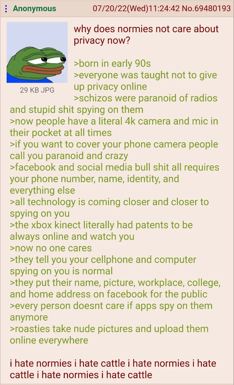 Anonymous No.69480193 why does normies not care about privacy now? >born in early >everyone was taught not to give privacy online >schizos were paranoid of radios and stupid shit spying on them >now p