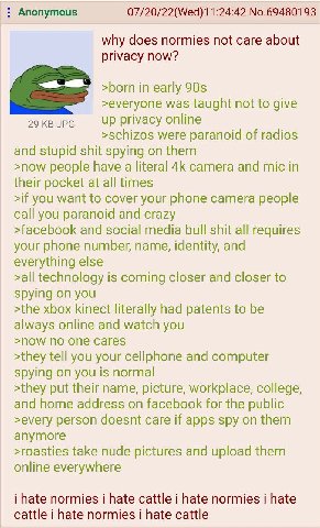 Anonymous No.69480193 why does normies not care about privacy now? >born in early >everyone was taught not to give privacy online >schizos were paranoid of radios and stupid shit spying on them >now p