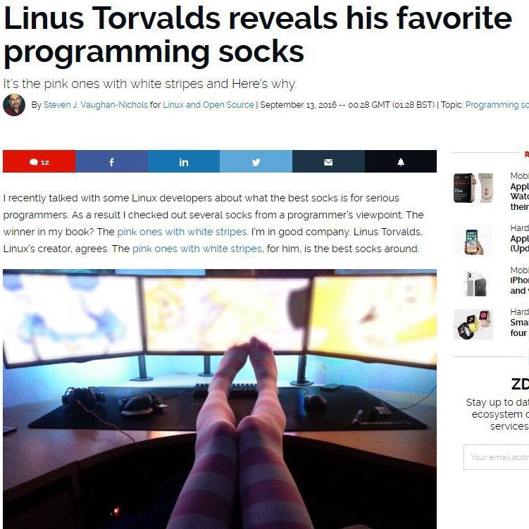 Linus Torvalds reveals his favorite programming socks It's the pink ones with white stripes and why. eve’ for Linu September 13. 2016 00:28 GMT (01:28 BST) Topic Mob Appl a: recently talked with some 