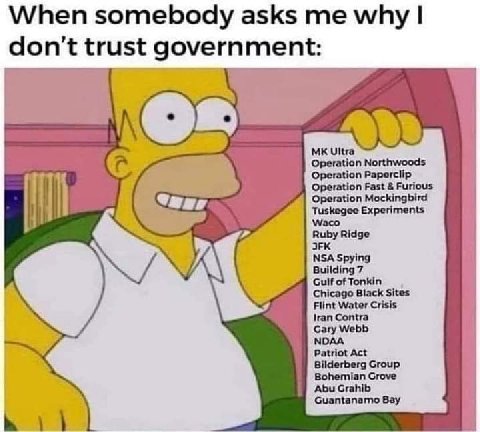 When somebody asks me why don't trust government: Northwoods Operation Paperclip Fast Operation Mocking Tuskegee Experiments Waco Ruby Ridge ЭРК NSA Spying Building 7 Gulf of Tonkin Chicago Black Site