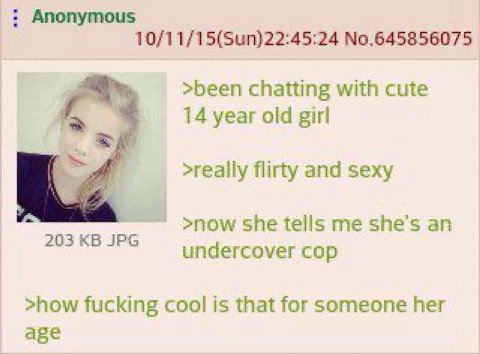 Anonymous No.645856075 >been chatting with cute 14 year old girl >really flirty and sexy >now she tells me she’s an 203 undercover cop >how fucking cool is that for someone her age