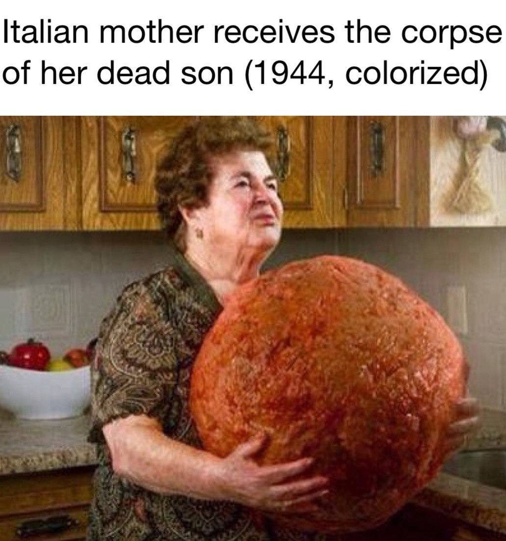 Italian mother receives the corpse of her dead son (1944, colorized)