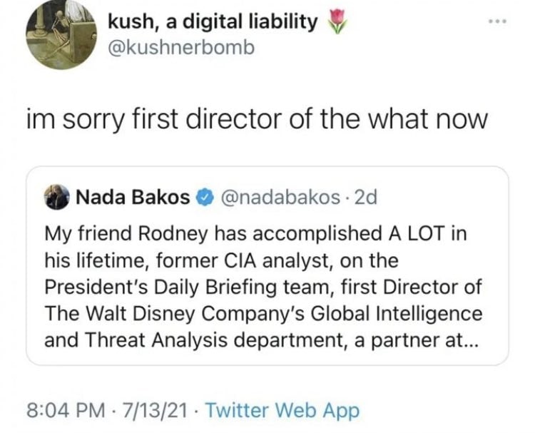 kush, а digital liability @kushnerbomb sorry first director of the what now Nada Bakos @nadabakos My friend Rodney has accomplished A LOT in his lifetime, former CIA analyst, on the President's Daily 