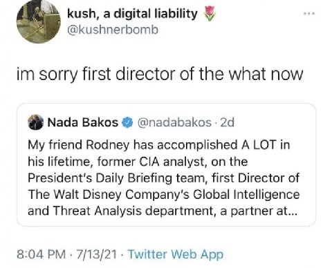 kush, а digital liability @kushnerbomb sorry first director of the what now Nada Bakos @nadabakos My friend Rodney has accomplished A LOT in his lifetime, former CIA analyst, on the President's Daily 