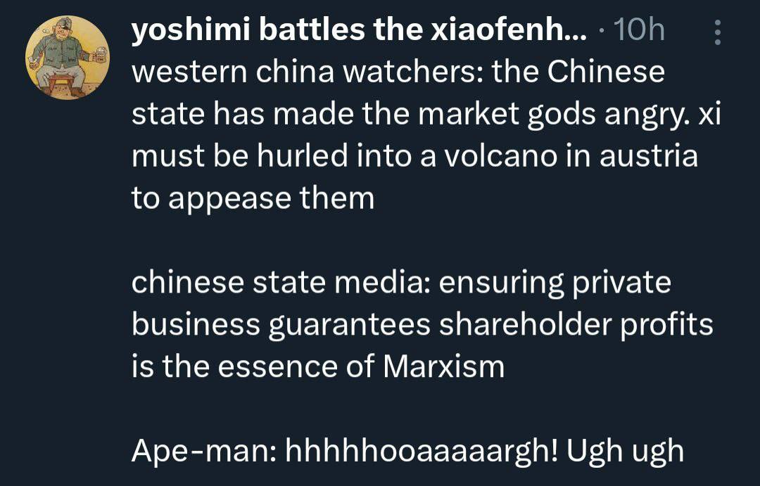 yoshimi battles the western china watchers: the Chinese state has made the market gods angry. must be hurled into a volcano in austria to appease them chinese state media: ensuring private business gu
