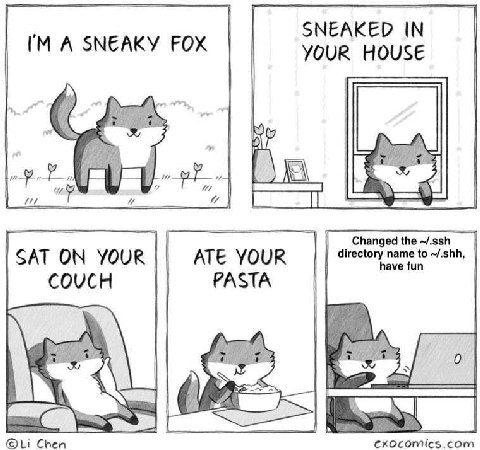 IN ГМА SNEAKY FOX HOUSE 2% В Changed the ~/.ssh SAT YOUR АТЕ YOUR directory name to ~/.shh, ave тип COUCH PASTA Chen