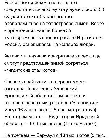 Расчет велся исходя из того, что среднестатистическому коту нужно около 30 для того, чтобы комфортно расположиться на теплотрассе зимой. Всего «фронтовики» нашли более 55 поврежденных теплотрасс в 64 