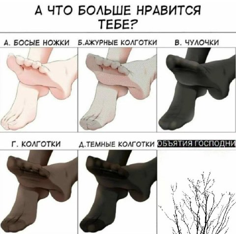 А ЧТО БОЛЬШЕ НРАВИТСЯ ТЕБЕР В. ЧУЛОЧКИ А. БОСЫЕ НОЖКИ Б.АЖУРНЫЕ 4 КОЛГОТКИ Д.ТЕМНЫЕ КОЛГОТКИ 4 if